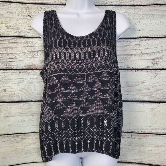 H&M Women’s Black Sleeveless Tank Top Geometric Print Size 12 Viscose Blouse - Picture 1 of 6